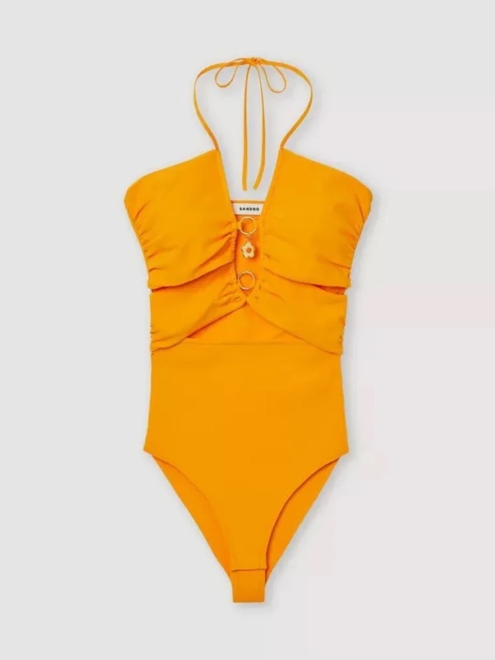 Sandro Yellow-Orange Halter One-Piece Swimsuit with Ring Detail